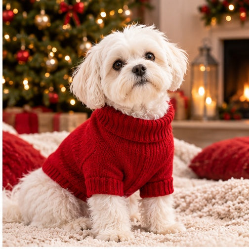 Chien portant le pull PetCosy bleu dans un décor de Noël