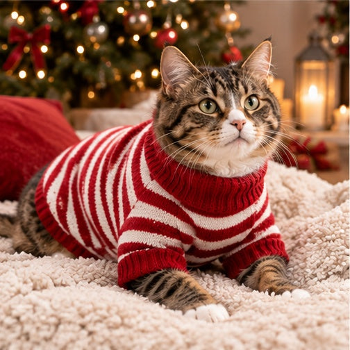Chien portant le pull PetCosy à rayures rouges épaisses