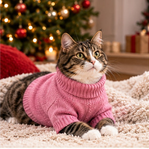Chat portant le pull PetCosy rose dans un décor de Noël