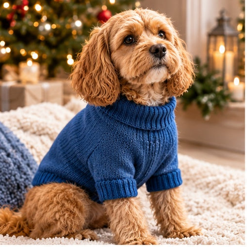 Chien portant le pull PetCosy rouge dans un décor de Noël