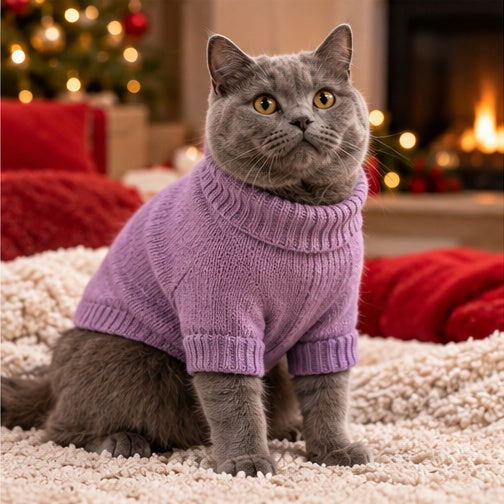 Chat portant le pull PetCosy violet dans un décor de Noël